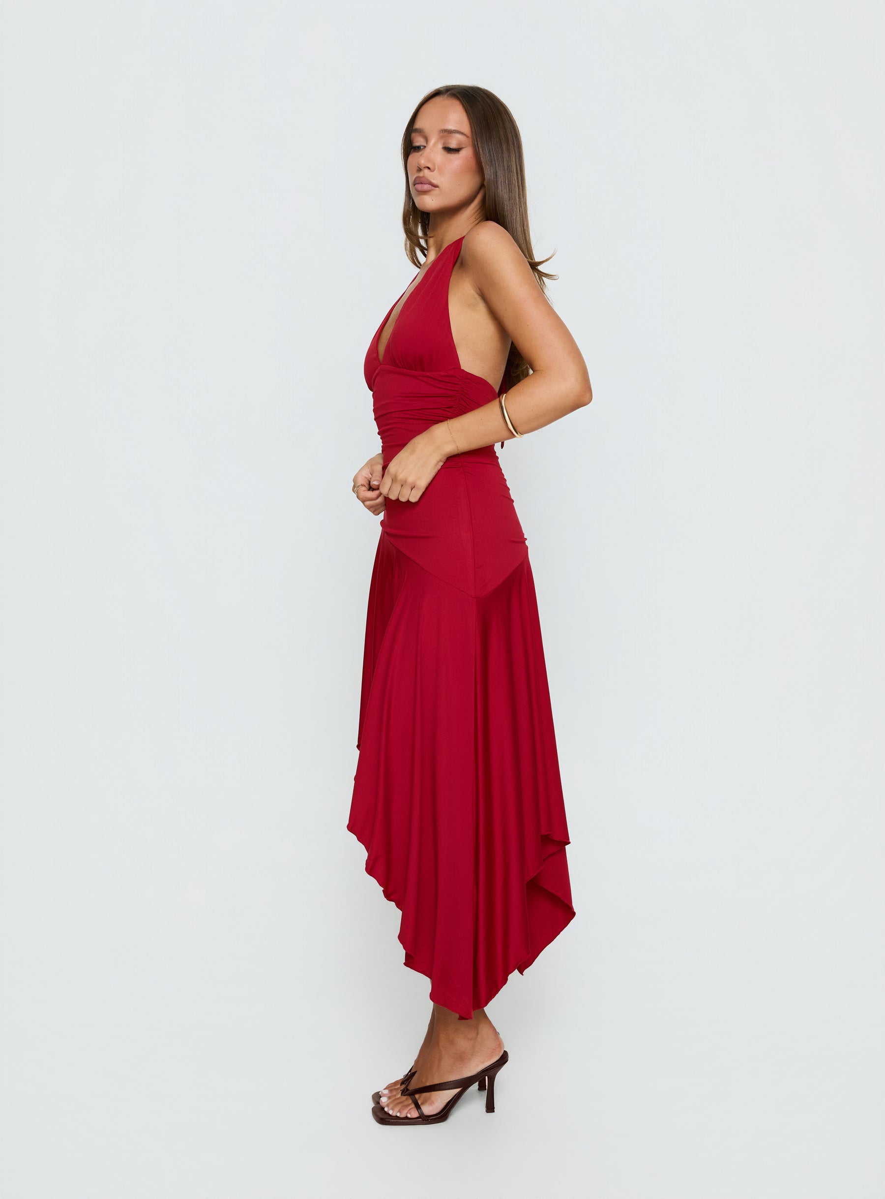 Emara Halter Asymmetrical Midi Dress | Red | Womens | Princess Polly Lower Impact Emara Halter Asymmetrical Midi Dress | Red | Womens | Princess Polly Lower Impact