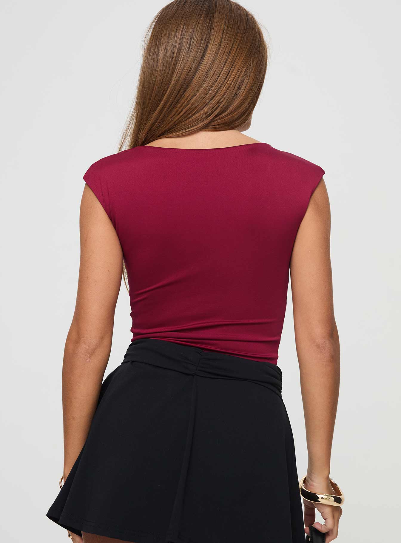 back view of model wearing Princess Polly Bolden Top Burgundy Short Sleeves V-Neck 