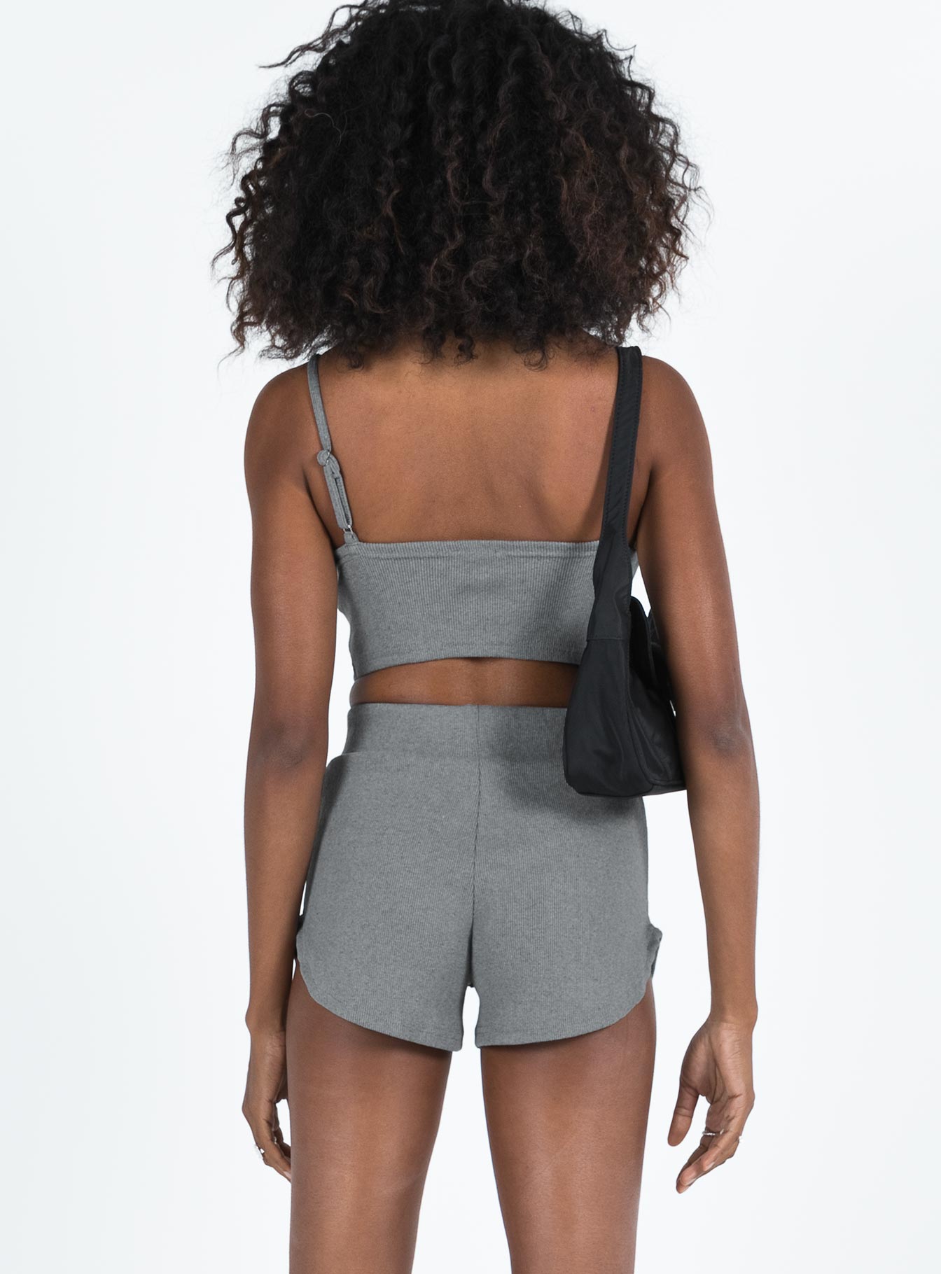 Grey matching set Crop top Adjustable shoulder straps Sweetheart neckline Bike shorts Thick elasticated waistband Good stretch Unlined