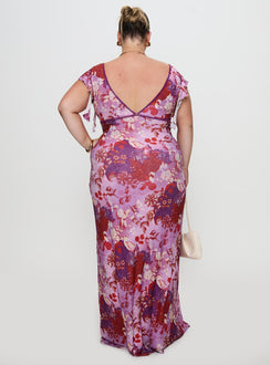 back view of model wearing Princess Polly Soleila Maxi Dress Purple Multi Curve Plunger 