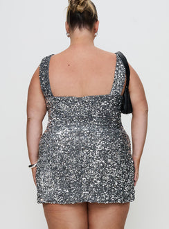 back view of model wearing Princess Polly Miss Me Sequin Mini Dress Silver Curve Square Neck 