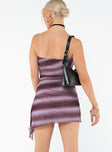 Graphic print strapless mini dress Mesh material, inner silicone strip at bust, adjustable ruching at side