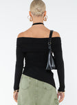 Sweater Soft ribbed material Off-the-shoulder design Asymmetric hem Semi-sheer Good stretch