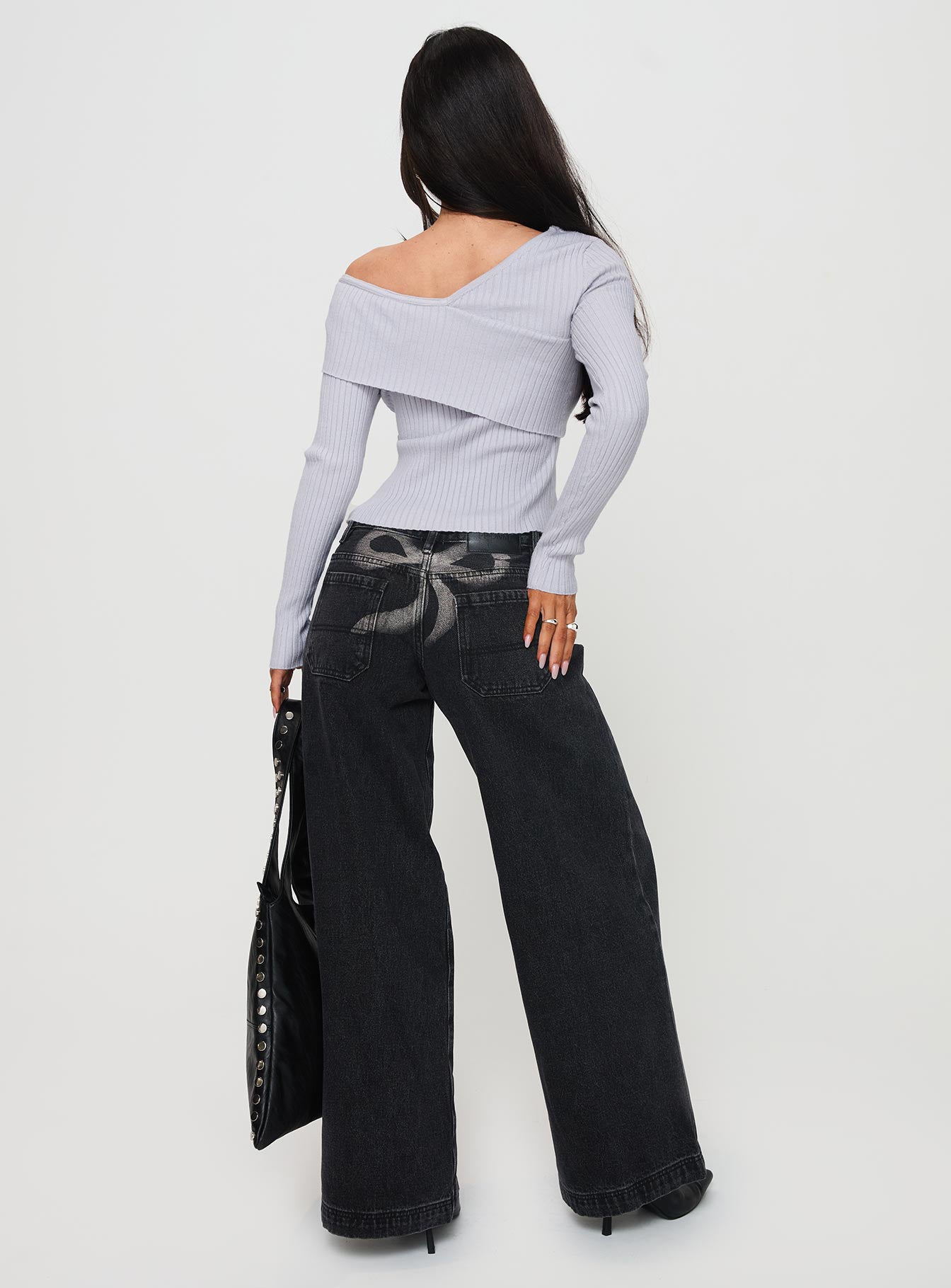 Ribbon Stamp Wide Leg Jeans Washed Black | Princess Polly