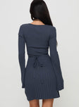 back view of model wearing Princess Polly Liberte Ribbed Long Sleeve Mini Dress Charcoal V-Neck 