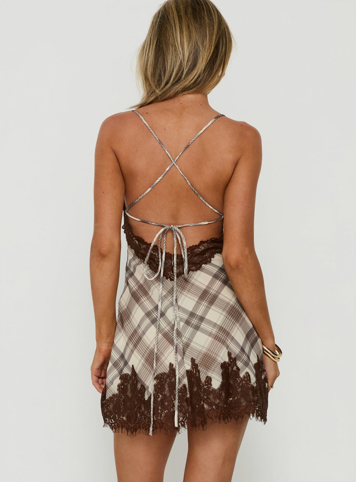 Call My Lover Lace Slip Mini Dress Brown Check