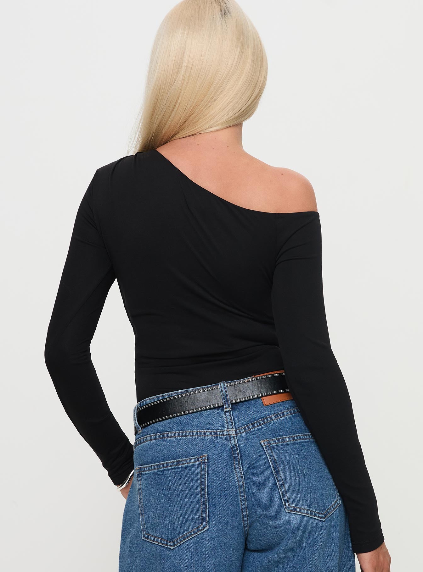 back view of model wearing Princess Polly Miyako Long Sleeve Bodysuit Black Long Sleeve Tops 