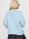 back view of model wearing Princess Polly Coronado Boucle Knit Cardigan Blue Long 