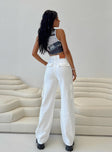 Cargo jeans White denim High rise Belt looped waist Zip and button fastening Four pocket design Faux back pockets Straight leg