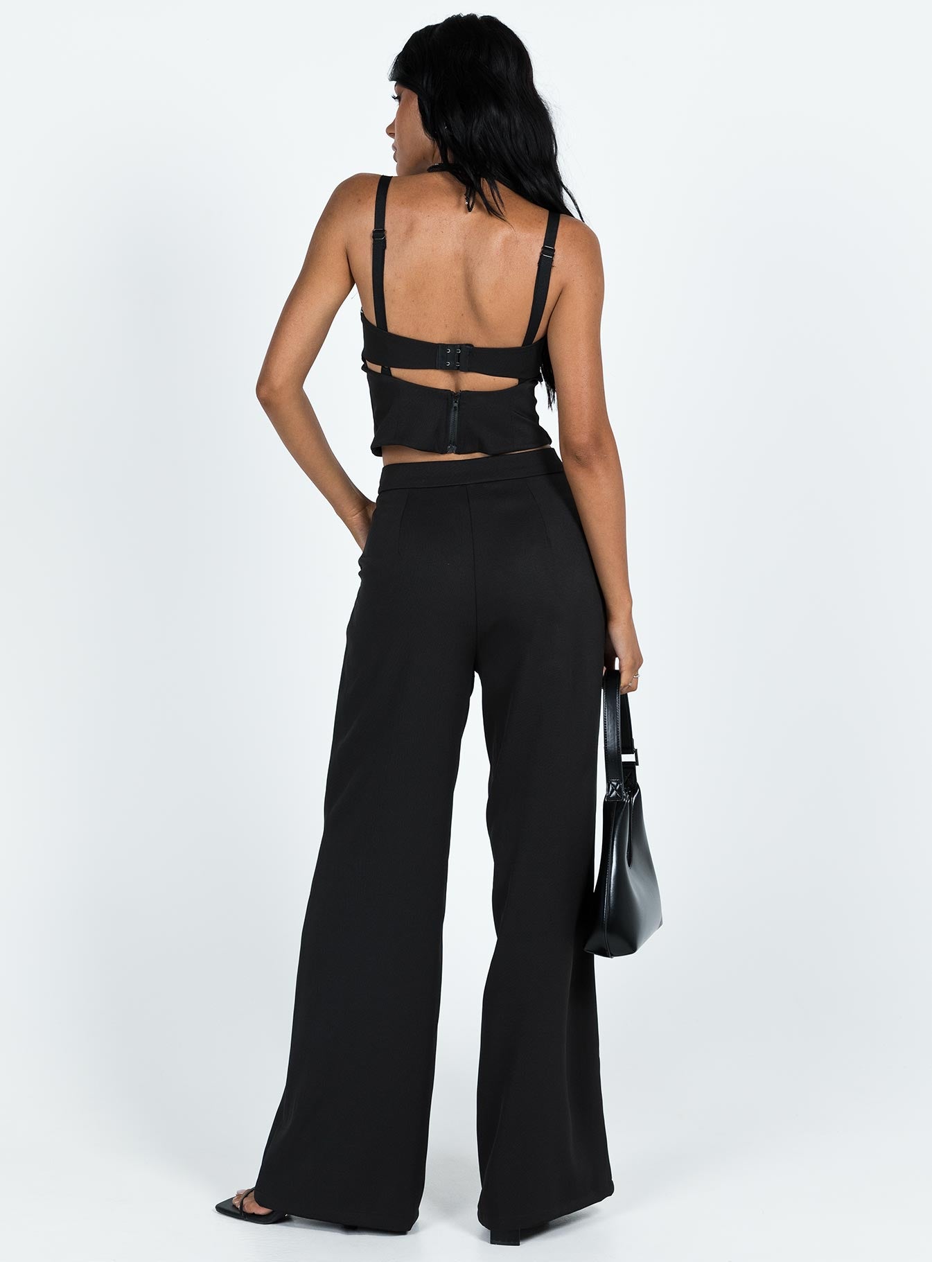 Matching set Crop top Adjustable shoulder straps Sweetheart neckline Zip fastening at back Tailored pants Zip and clasp fastening Twin hip pockets Stuble pleats at waist Straight leg