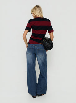 Ramos Low Rise Double Button Distressed Wide Leg Jeans Mid Blue