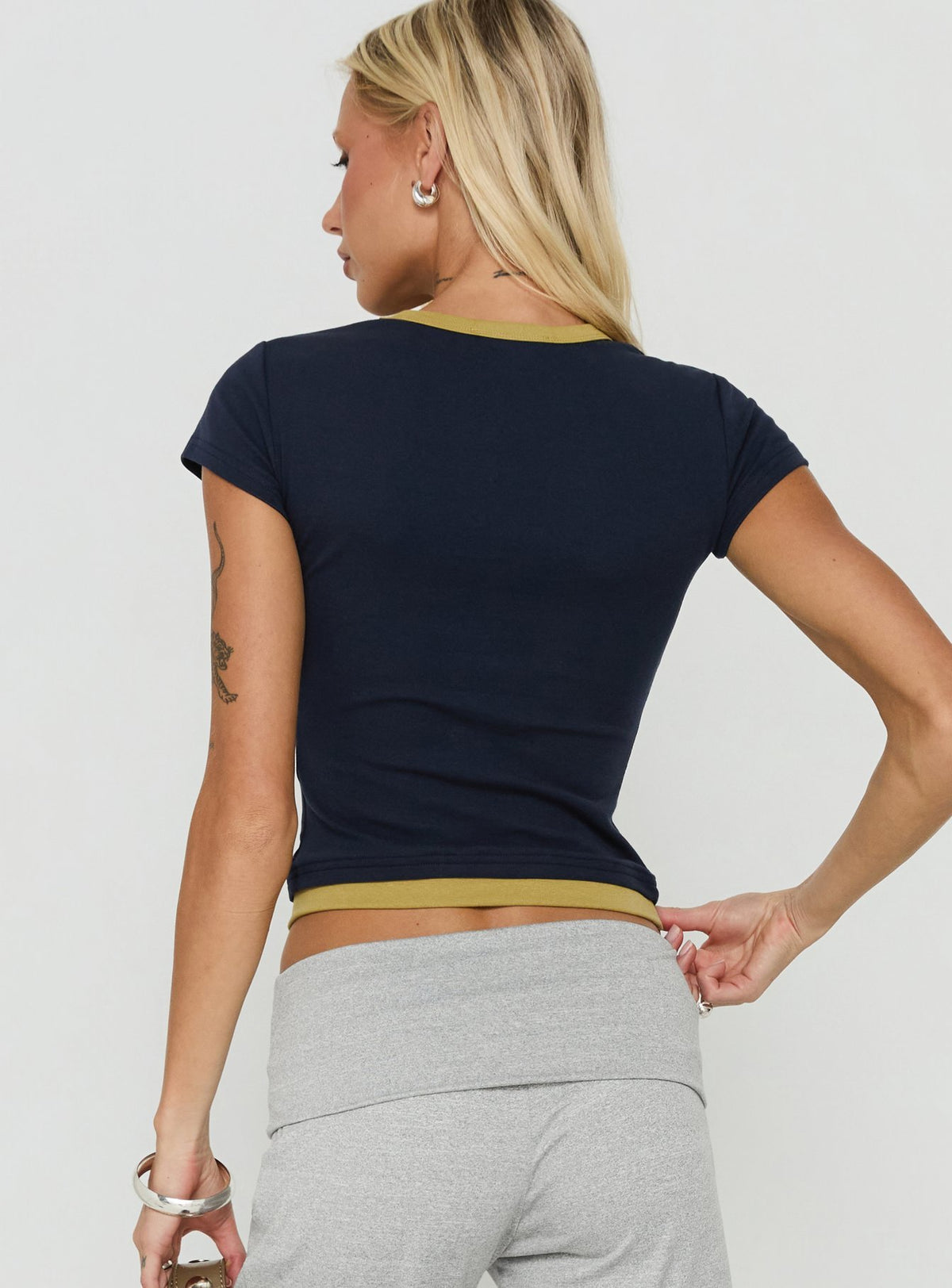 Geanna High V Neck Contrast Trim Top Navy / Yellow