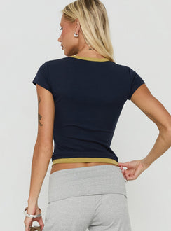 Geanna High V Neck Contrast Trim Top Navy / Yellow