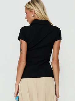 Raylynn Frill Detail Short Sleeve Collared Top Black