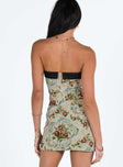 Mini skirt Tapestry print  V waist Slit at hem Good stretch Unlined 