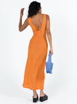 Orange maxi dress Sheer knit material Can be worn with tie at front or back Thick shoulder straps Tie fastening Unlined
