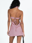 Mini dress Silky material Halter neck with button fastening Low back Lace up fastening at back