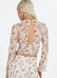 Long sleeve top Floral print High neck Tie fastenings Button at back of neck