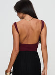 back view of model wearing Princess Polly Morgane Mesh Bodysuit Burgundy Sleeveless 