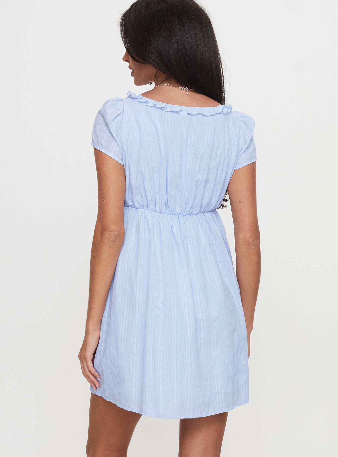 back view of model wearing Princess Polly Monsterrat Mini Dress Blue Scoop Neck 