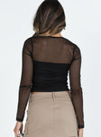Long sleeve top Mesh material Sheer sleeve  Square neckline  Ribbon detail at bust Good stretch Partially lined