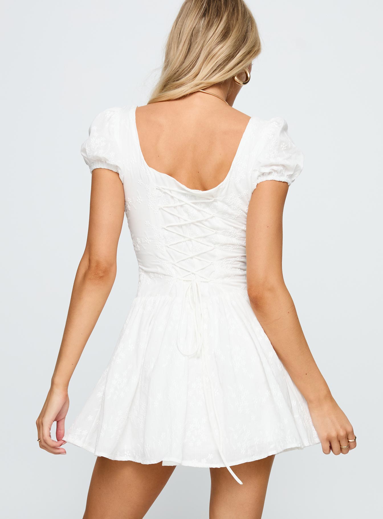 back view of model wearing Princess Polly Lethia Corset Mini Dress White Square Neck 