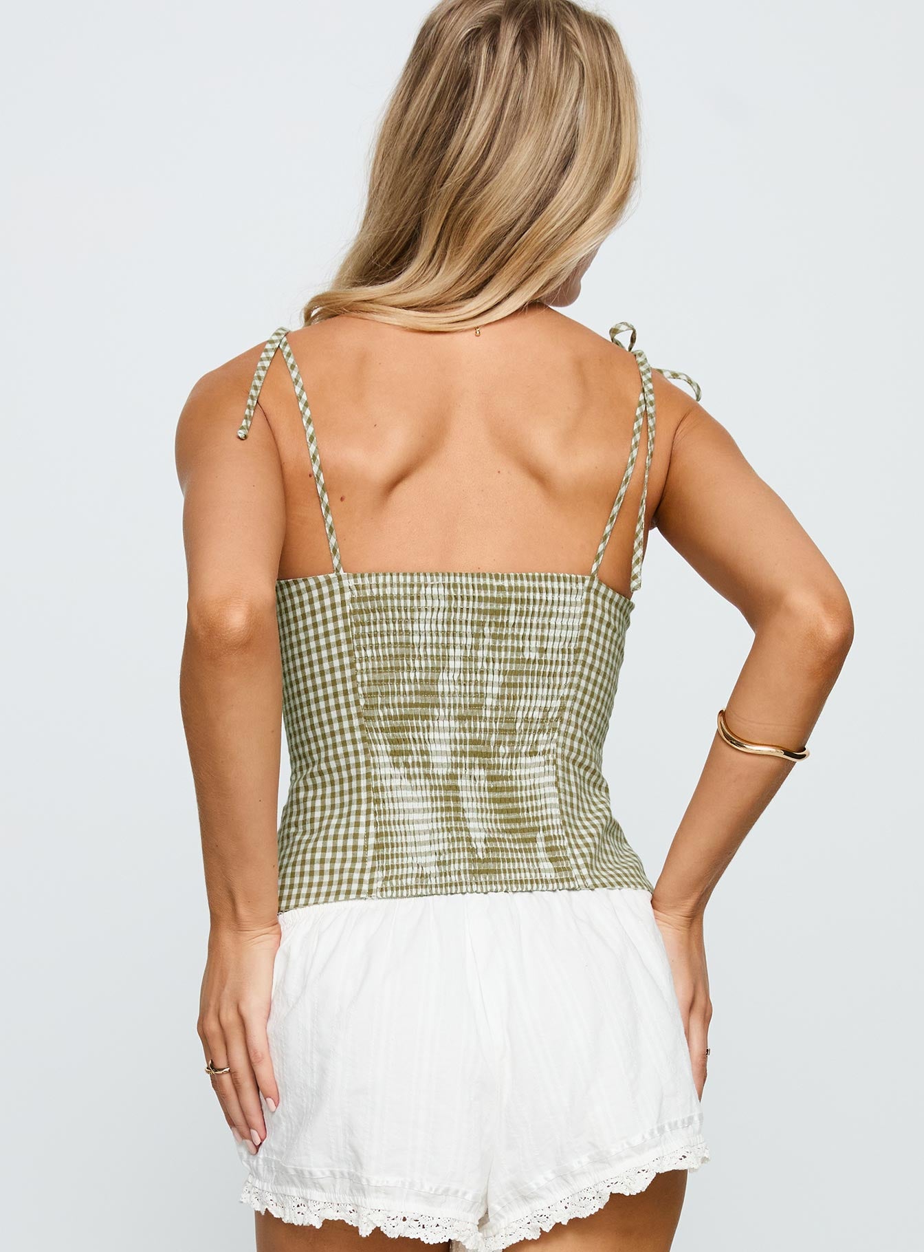 back view of model wearing Princess Polly Dalanie Tie Strap Top Green Check Sleeveless Scoop Neck 