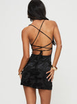 back view of model wearing Princess Polly Celena Mini Dress Burn Out Black Tall Cowl Neck 