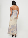 Strapless maxi dress Mesh material, printed design, twist detail at bust, inner silicone strip at bust, high side split