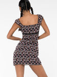 Floral mini dress, slim fitting Cap sleeve, square neckline, invisible zip fastening at side