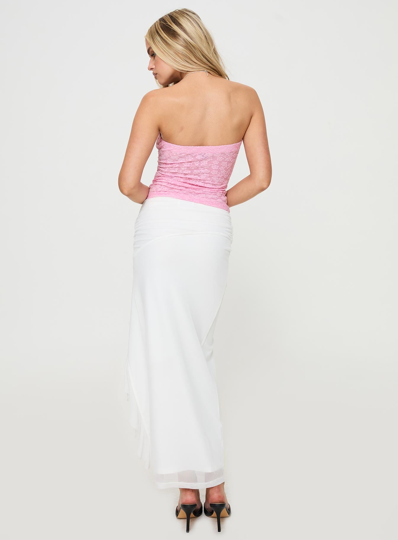 back view of model wearing Princess Polly Amarie Ruffle Maxi Skirt White Maxi 