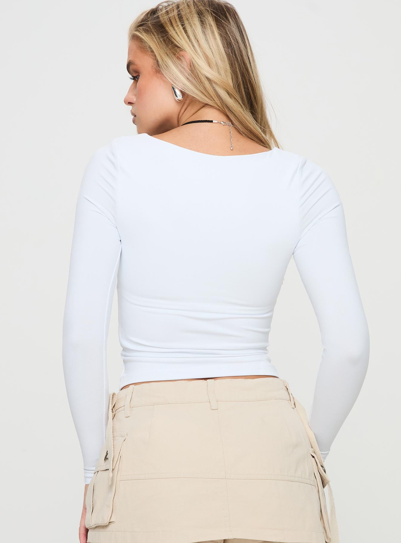 back view of model wearing Princess Polly Selenie Long Sleeve Top Ice Full Sleeves Square Neck 