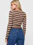 Brown and white Long sleeve top Knit material, striped print, scooped neckline