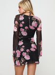Princess Polly Square Neck  Bilbao Long Sleeve Mini Dress Black / Floral