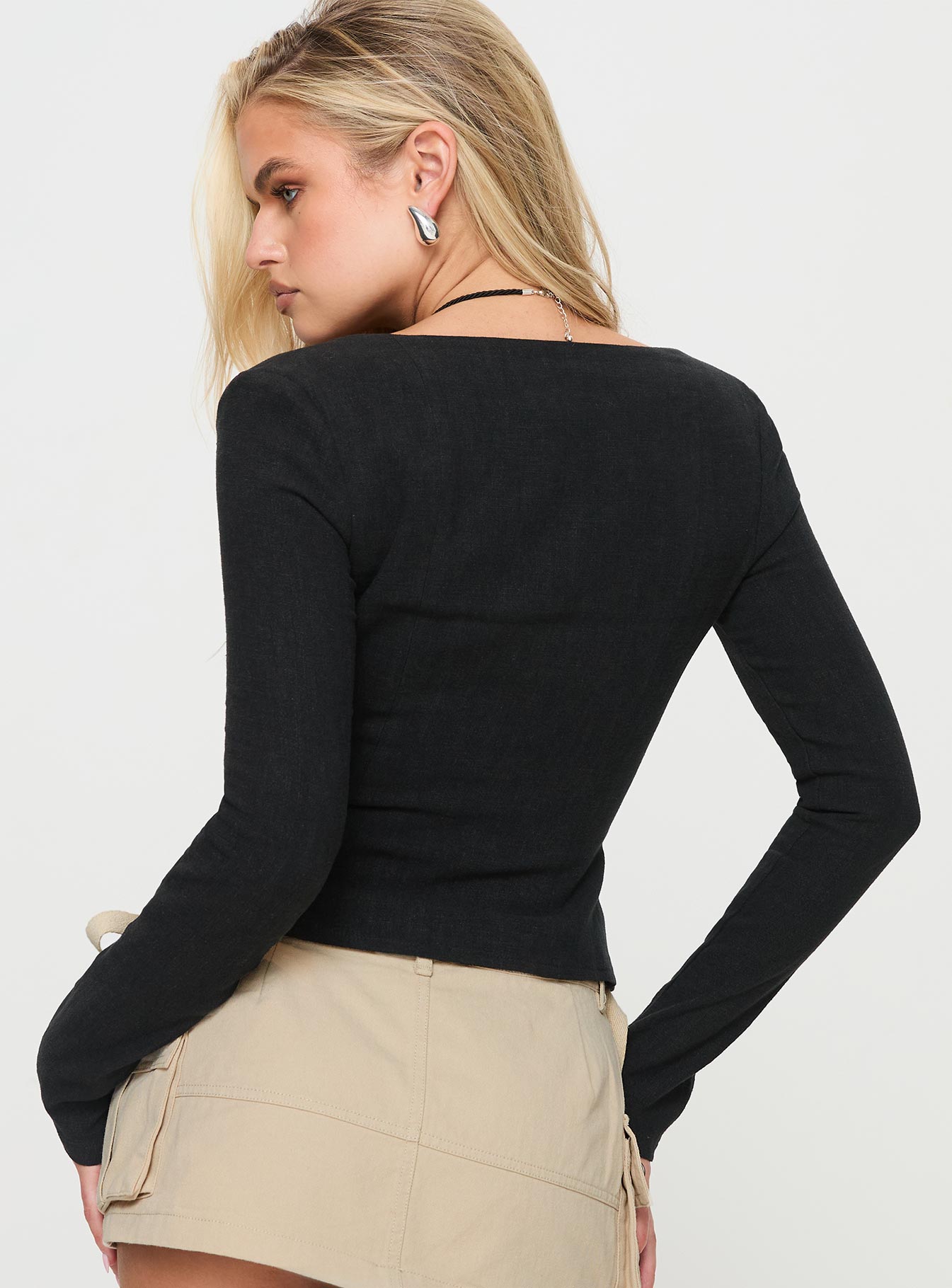 back view of model wearing Princess Polly Zenda Linen Blend Long Sleeve Top Black Full Sleeves Square Neck 