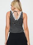 back view of model wearing Princess Polly Wondering Top Black Polka Dot Sleeveless V-Neck 