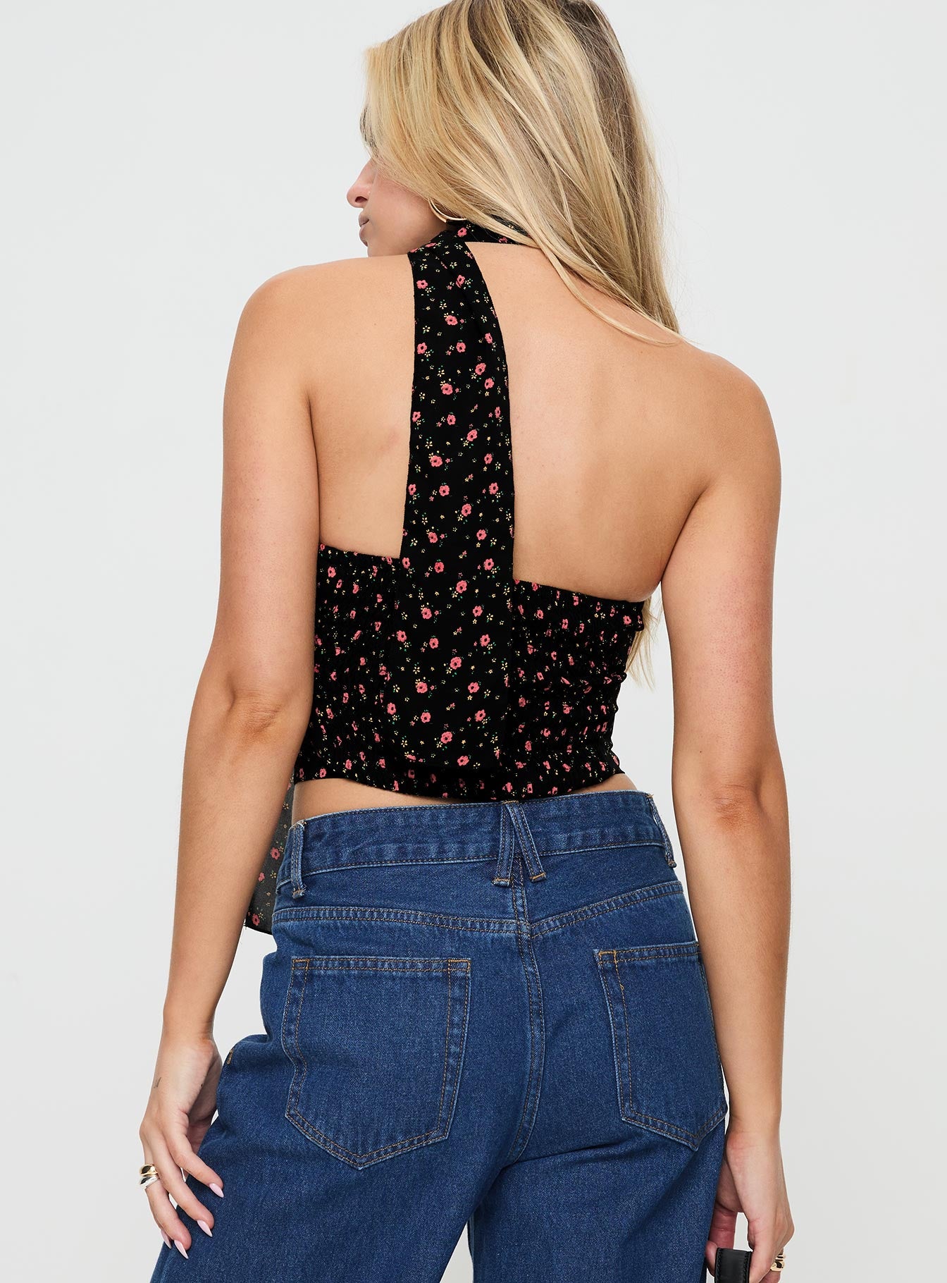 back view of model wearing Princess Polly Jontie Two-piece Scarf Top Black Floral Sleeveless straight 
