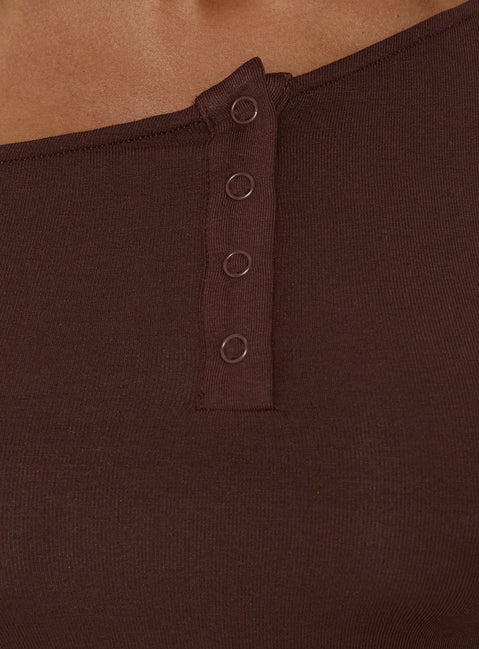 Kleoh Off Shoulder Long Sleeve Henley Top Brown