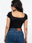 back view of model wearing Princess Polly Medina Bodysuit Black Petite Short Sleeves Sweetheart 