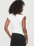 back view of model wearing Princess Polly Evienne Top White Short Sleeves Asymmetric Neckline 