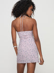 back view of model wearing Princess Polly Acer Mini Dress Purple Floral Sweetheart Neckline 