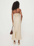 back view of model wearing Princess Polly Chrysa Strapless Maxi Dress Beige Straight Neck 