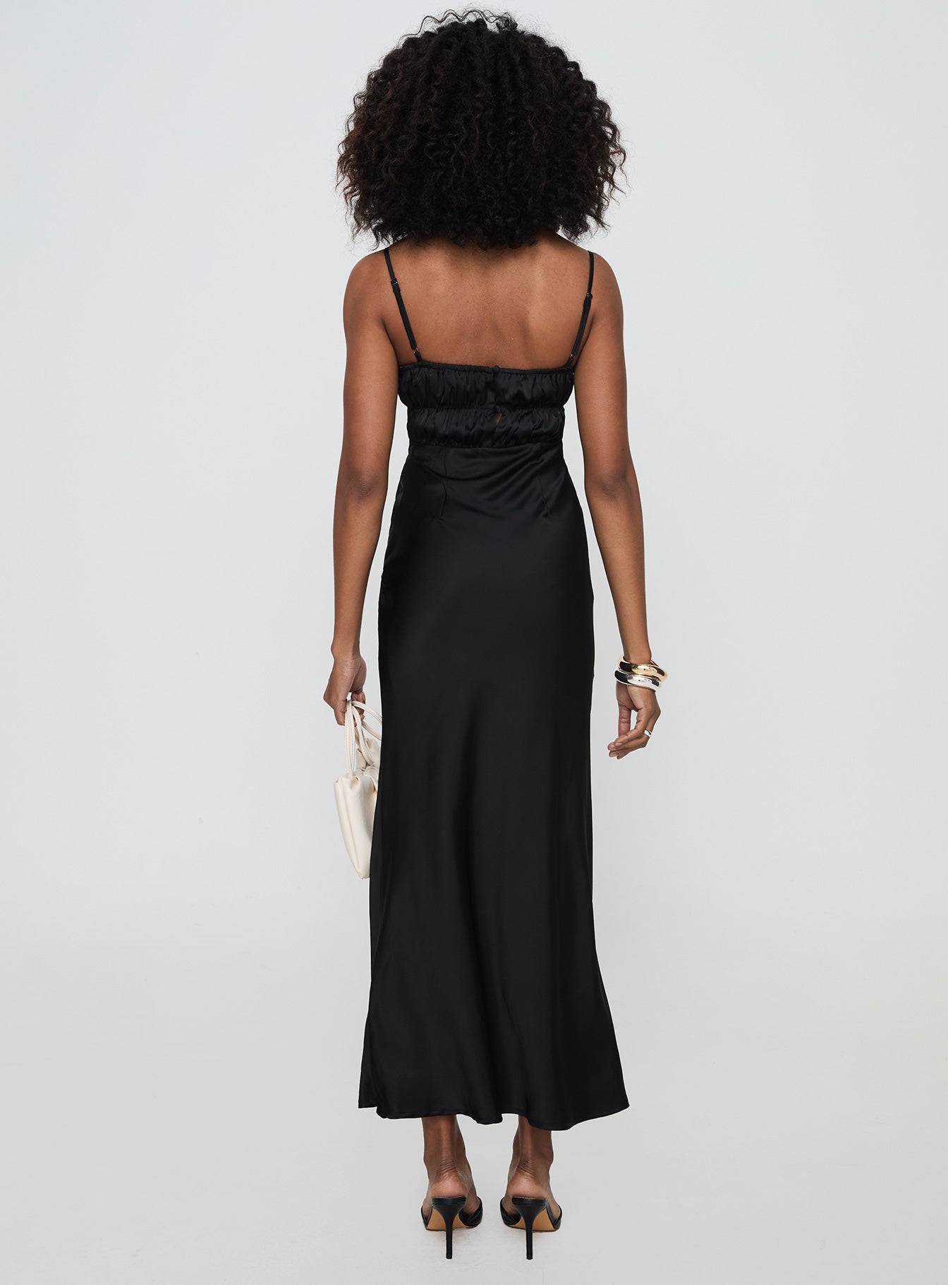 back view of model wearing Princess Polly Jaquelin Maxi Dress Black Square Neck 