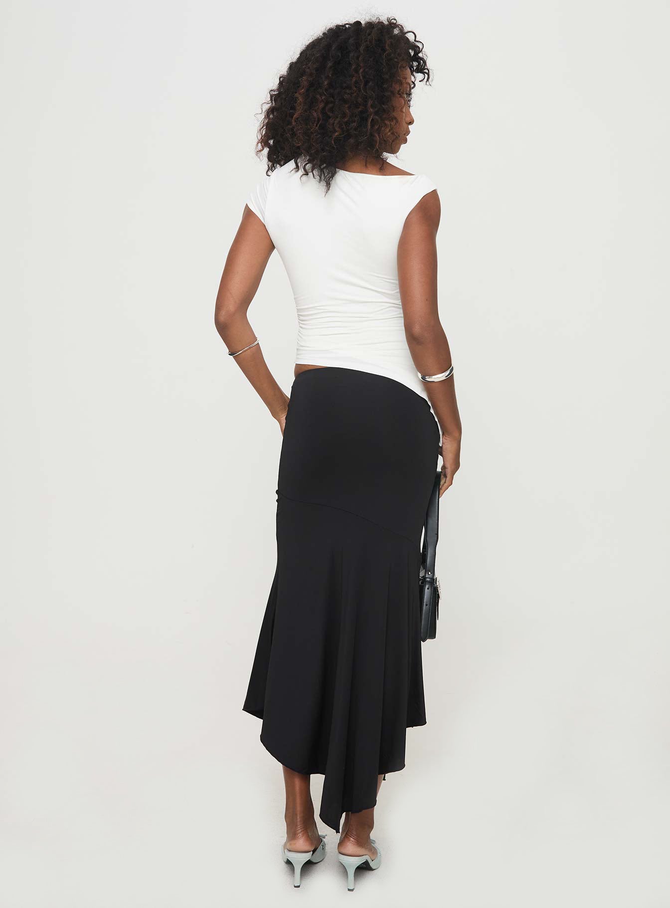 back view of model wearing Princess Polly Dreamberry Maxi Skirt Black Midi Skirts 
