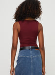 back view of model wearing Princess Polly Back In Time Top Wine Sleeveless Square Neck 