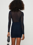 Mini long sleeve dress Slim fitting, sheer mesh sleeves, ruching detail through out Good stretch, lined body 