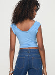 back view of model wearing Princess Polly Sharnee Top Blue Short Sleeves Scoop Neck 