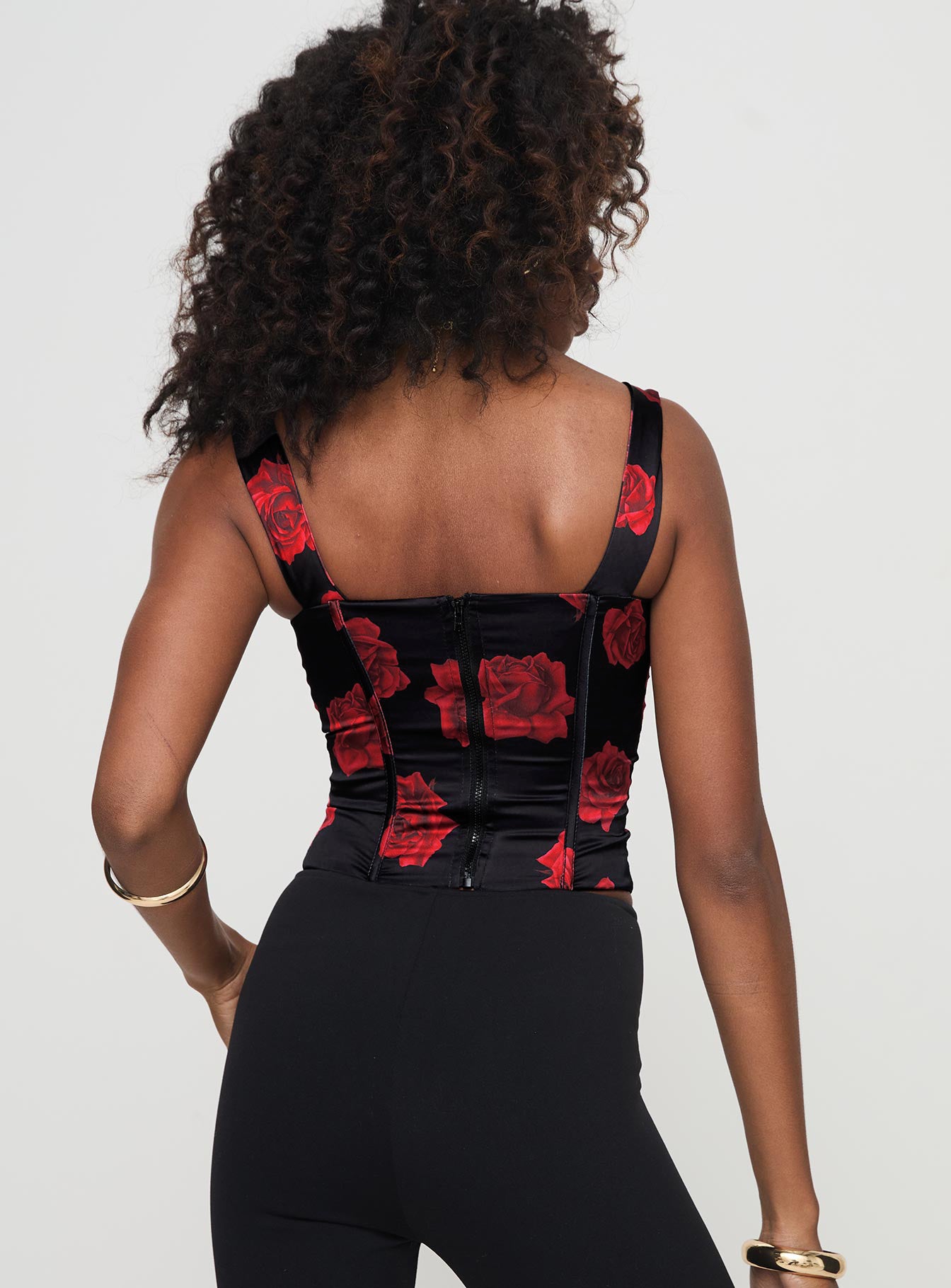 back view of model wearing Princess Polly Alarice Top Black / Red Sleeveless Plunger 