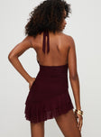 back view of model wearing Princess Polly Gina Asymmetric Mini Dress Burgundy Plunger 