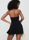 back view of model wearing Princess Polly Gigli Bubble Hem Mini Dress Black Tall Square Neck 